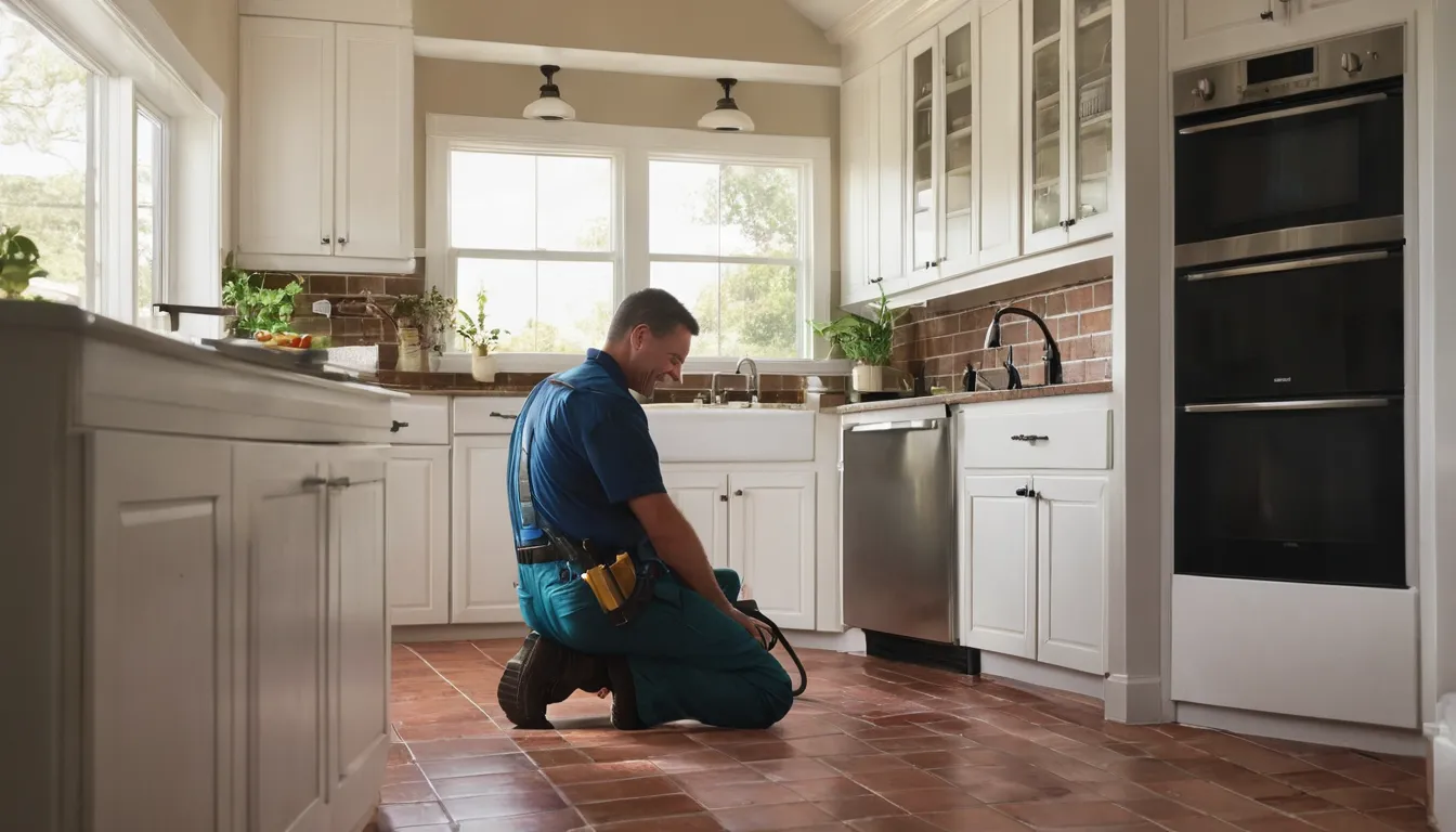 A friendly pest control provider inspecting under a kitchen sink in a Fate home